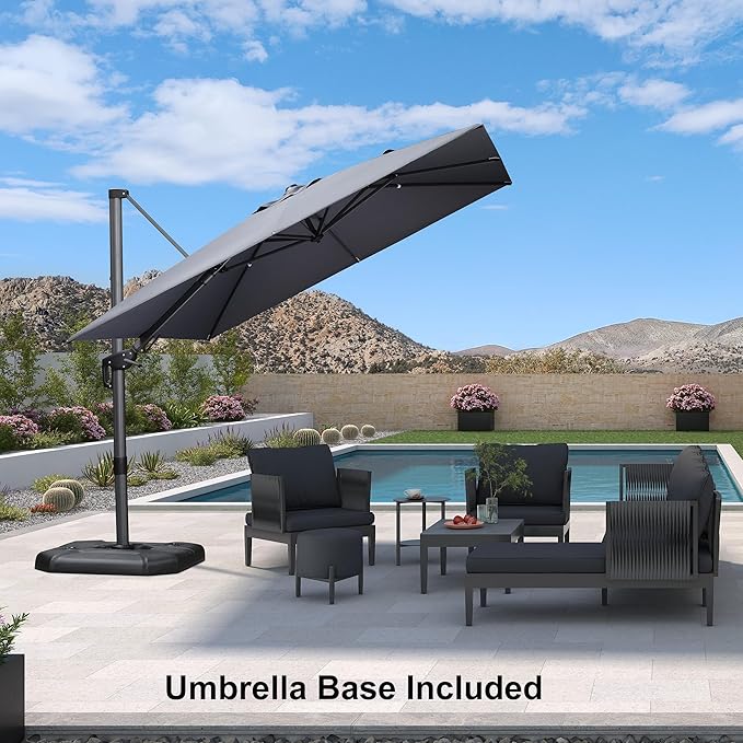 PURPLE LEAF 9' X 12' Right-left Tilt Patio Umbrella with Base Outdoor Cantilever Swivel Rectangle Umbrella Aluminum Offset Umbrella with 360-degree Rotation for Garden Deck Pool Patio Grey - Image 2