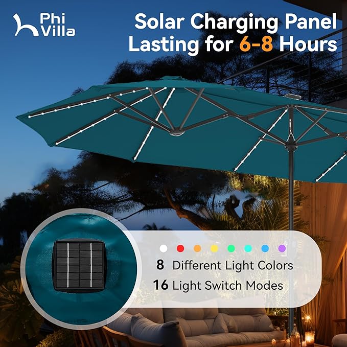 PHI VILLA 13ft Patio Umbrella with Solar-Powered 120 PCS LED Color-Changing Lights, Triple-Head Large Rectangle Umbrella Outdoor Patio for Table with Crank Lift,Cyan(No Base) - Image 2