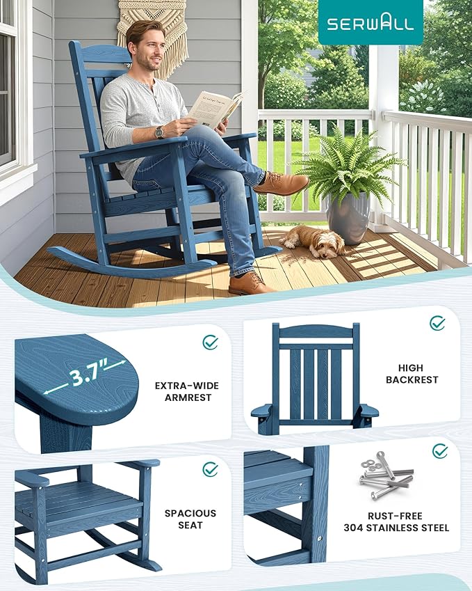 SERWALL Oversized Outdoor Rocking Chair, All-Weather Patio Rocking Chair, HDPE Porch Rocker for Adults, Blue - Image 5