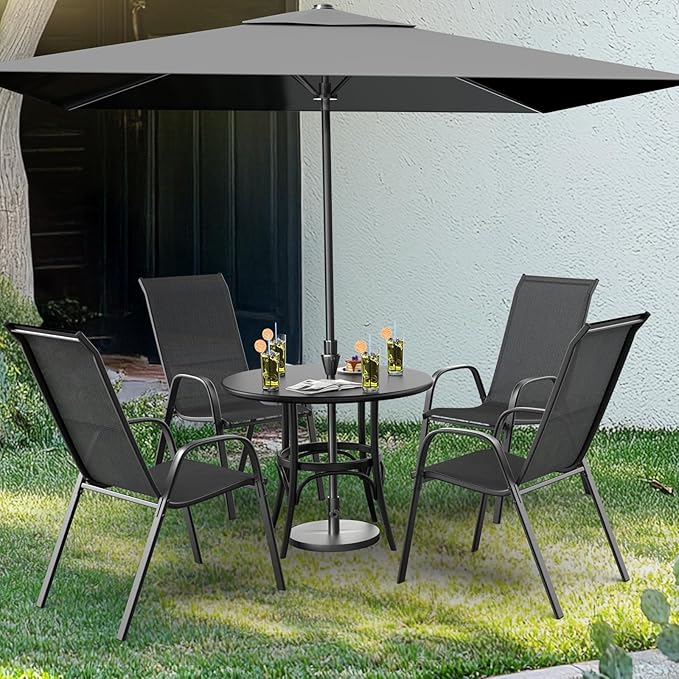 VINGLI Patio Chairs Set of 8 – Stackable Outdoor Dining Chairs with Comfortable Sling High Back Chairs and Armrests for Lawn, Poolside, Courtyard, Balcony, Garden, Black - Image 2