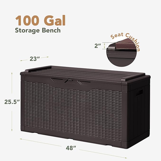 Flamaker Deck Box with Cushion 100 Gallon Waterproof Resin Storage Box with Air Rod Indoor Outdoor Lockable Storage Bench for Patio Furniture, Tools, Pool Accessories (Deep Brown) - Image 6