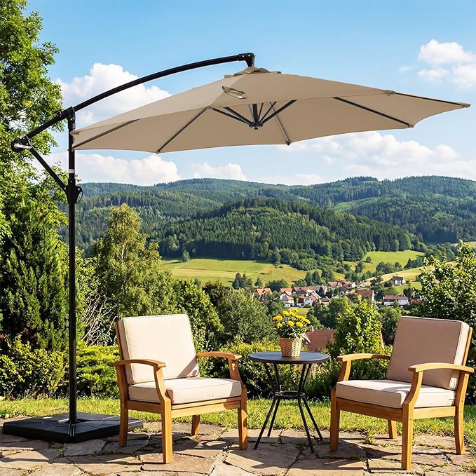 OLIXIS Offset Patio Umbrella, 9.7FT Cantilever Table Umbrellas for Outdoor Sun Shade UV Protection with Easy Tilt Adjustment, 8 Ribs for Backyard, Lawn, Garden, Pool - Khaki - Image 6