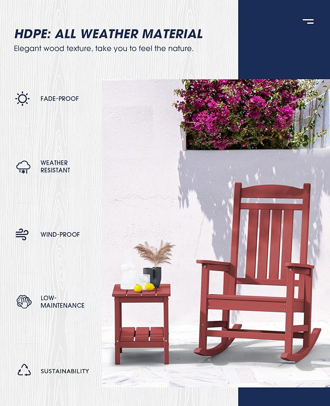 KINGYES Outdoor Rocking Chair, Weather Resistant Patio Rocking Chairs High Back Porch Rocker for Adult, Dark Red - Image 5