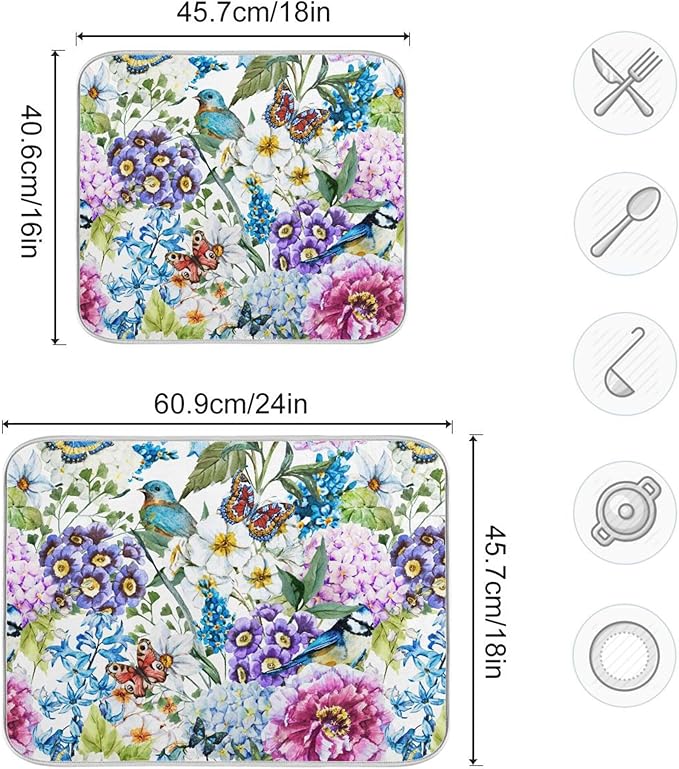 Floral Birds Dish Drying Mat for Kitchen Spring Globe Daisy Butterfly Flowers - Image 3
