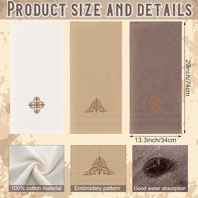 3 Pcs Vintage Brown Hand Towels Fancy Decorative Bathroom Towels 13.3 x 29.5'' - Image 2