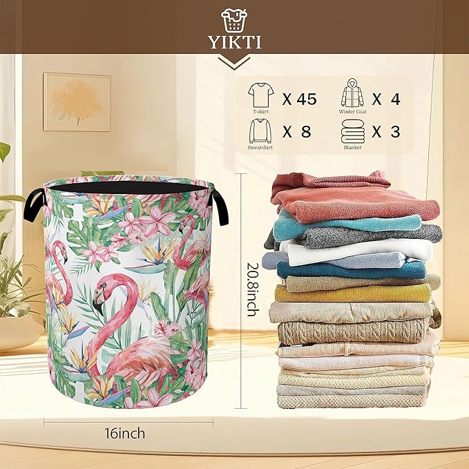 Watercolor Flamingo Laundry Hamper, Tropical Flower Leaves Clothes Hamper - Image 2
