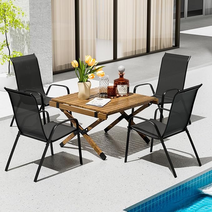 TLSUNNY Patio Chairs, Stackable Textilene Outdoor Dining Furniture for All Weather, with 17.7″ Wide Seat & Metal Frame, for Garden, Backyard, Deck, Restaurant, Poolside (4, Black, 26.4″) - Image 2