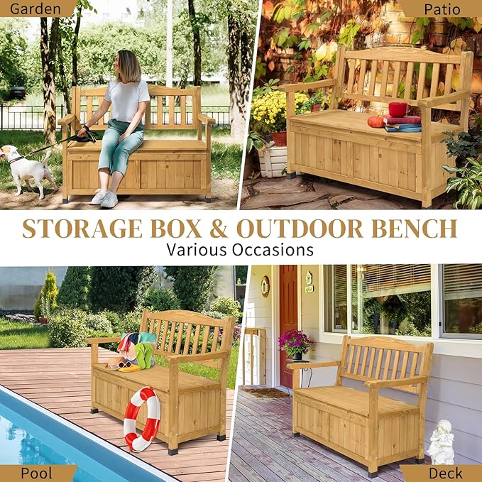 Outvita Outdoor Wood Storage Bench, Wooden Large Deck Box with Seating & Armrest, Waterproof Patio Organizer Loveseat for Garden Porch Deck Backyard Poolside(Yellow) - Image 7
