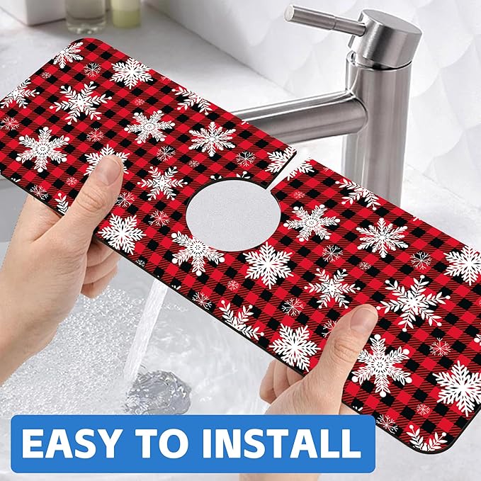 Christmas Snowflake Kitchen Sink Splash Guard Mat Buffalo Plaid Absorbent Fast - Image 6