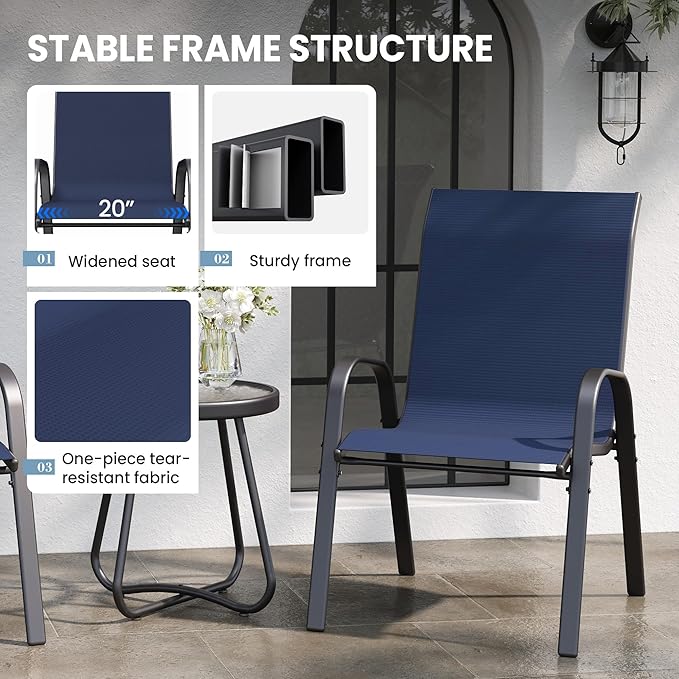 Patio Table and Chairs Set - 3 Piece Outdoor Stackable Dinging Chairs for All Weather,Breathable Garden Furniture for Deck Garden Backyard (Navy Blue) - Image 6