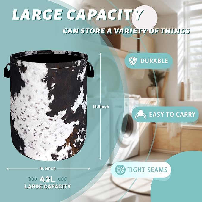 Retro Brown Cows Texture Laundry Basket Foldable Funny Laundry Hamper Oxford - Image 2