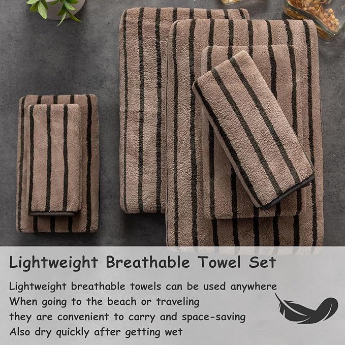 8 Pcs Polyester Brown Cabana Stripe Large Bath Towel Set-2 Bathroom Towels - Image 4