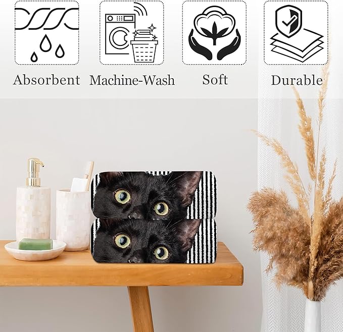 Cute Black Cat Hand Towel for Bathroom Set of 2, Cat on Black White Stripes - Image 4