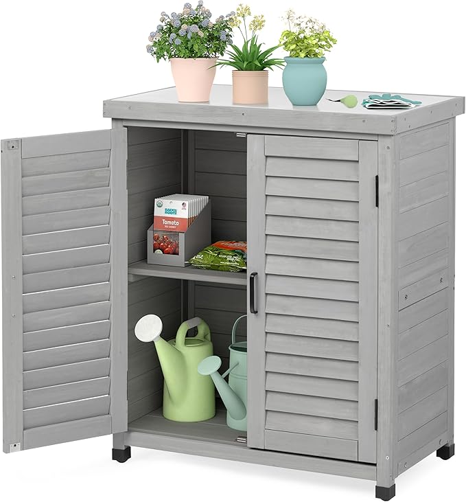Outdoor Storage Cabinet & Potting Bench Table with Metal Top, Wooden Patio Furniture, Garden Workstation (Accent Grey, 36x31x17in) by OutdoorFurniture