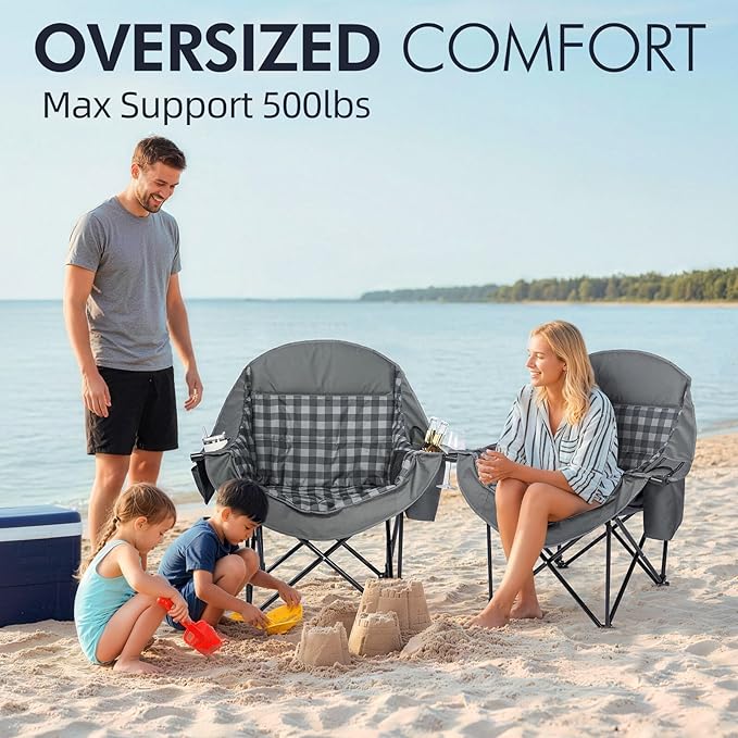 Oversized Camping Chairs for Adults - Heavy Duty Padded Outdoor Folding Lawn XL Camp Chair with Cup Holder Cooler Pockets for Outside Sports Beach Fishing Garden Portable Supports 500lbs, Grey - Image 2