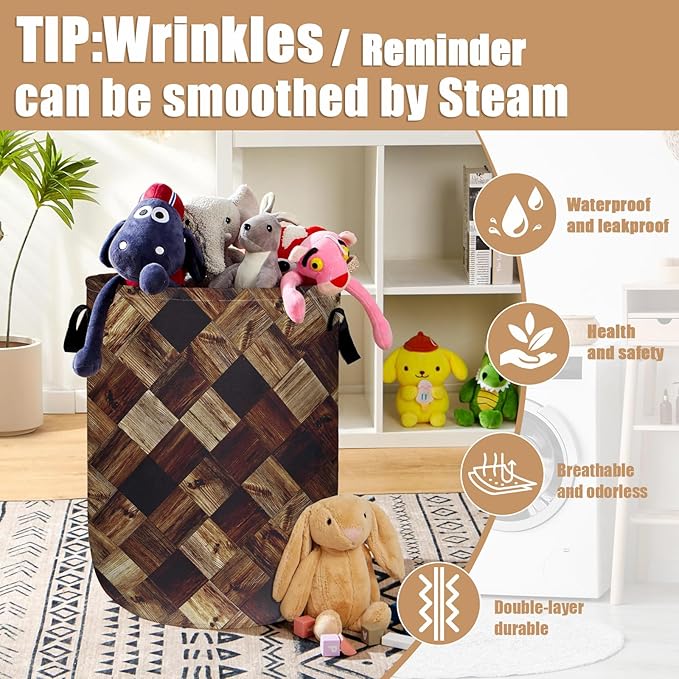 Wood Grain Laundry Basket, Foldable Tree Stump Laundry Hamper Tote Bag Dirty - Image 5