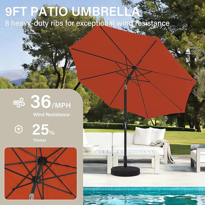 MEWAY 9ft Patio Umbrella Outdoor Table Umbrellas with Push Button Tilt and Crank, Market Umbrella 8 Sturdy Ribs for Deck, Garden, Pool and Backyard, Orange - Image 4
