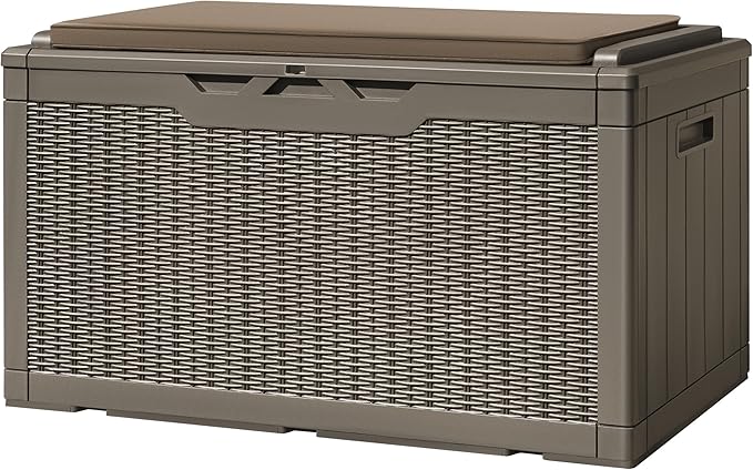 Greesum 100 Gallon Resin Deck Box Large Outdoor Storage with Cushions for Patio Furniture, Garden Tools, Pool Supplies, Weatherproof and UV Resistant, Lockable, Light Coffee by BuynowfromGreesum