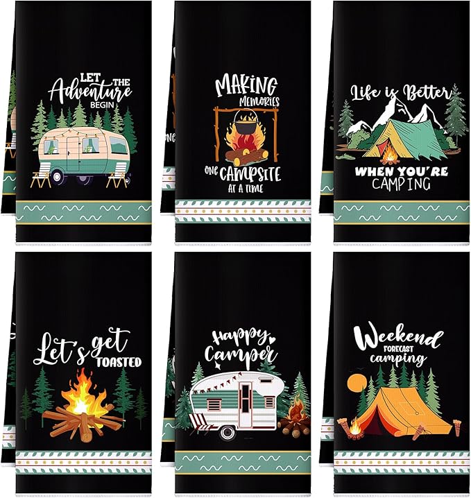 Boyiee 6 Pcs Camping Kitchen Towels Black Absorbent Dish Towels Bonfire Tent by Boyiee
