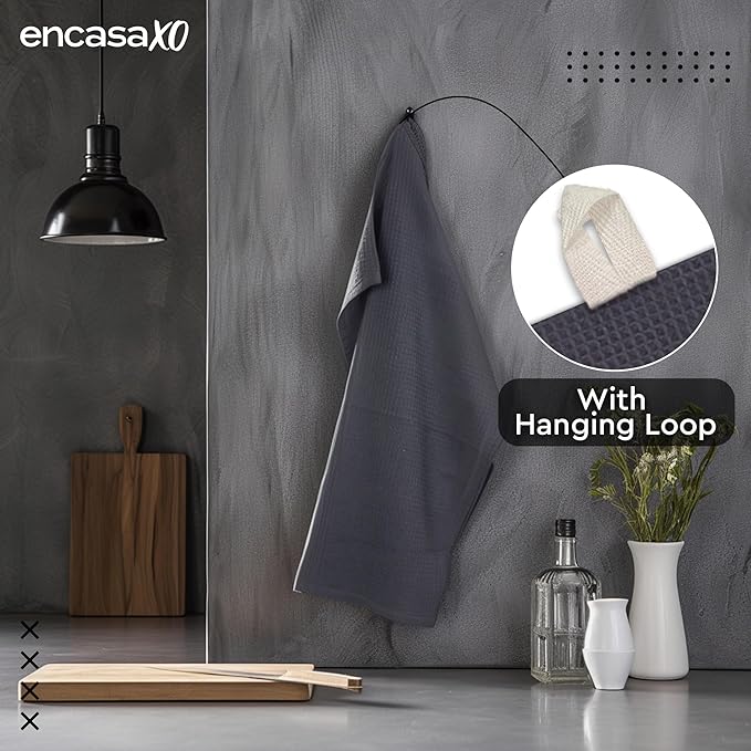 Encasa XO Kitchen Dish Towels Set | Grey | Waffle Weave and Flat Hand Tea Towel - Image 5