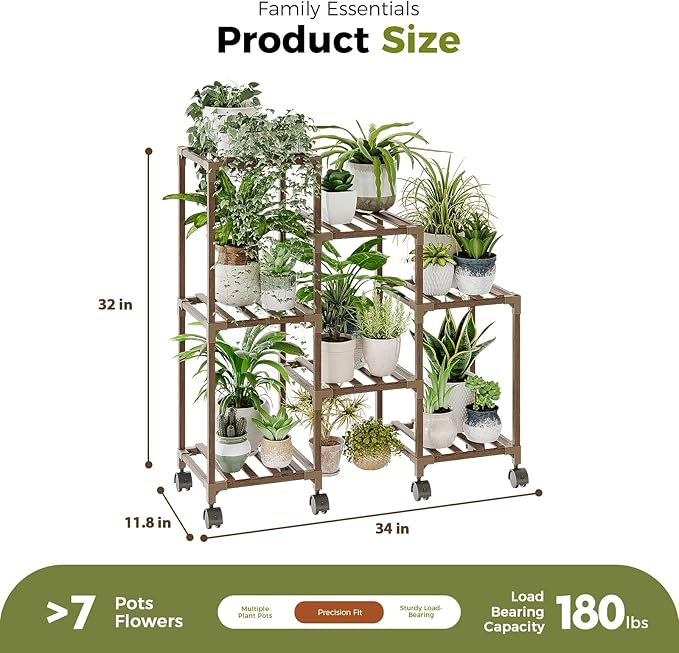 Bamworld Plant Stand with Wheels for Indoor Plants Wood Outdoor Tiered Shelf 3 Tire 7 Potted Ladder Plant Holder Table Pot Stand for Window Garden Balcony Patio Living Room (natureDL) - Image 6