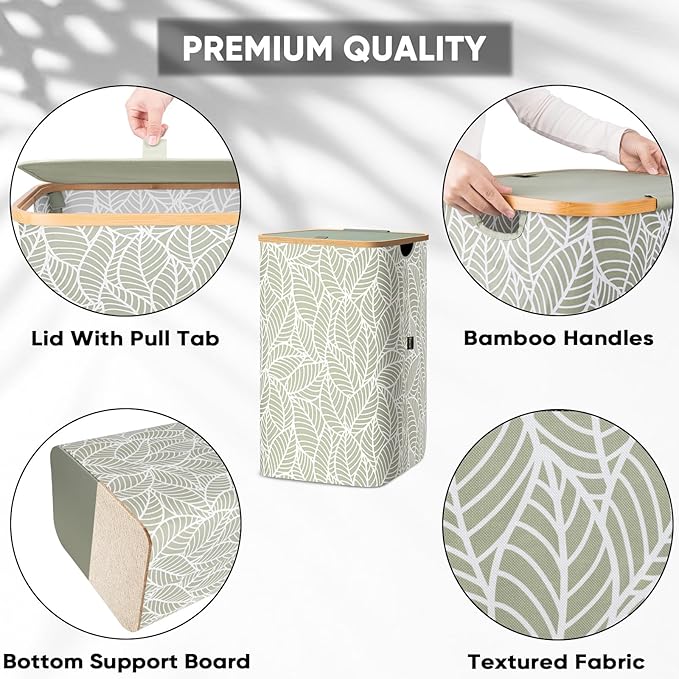 BALEINE Laundry Hamper with Lid, Tall Laundry Baskets with Bamboo Pull Handles - Image 3