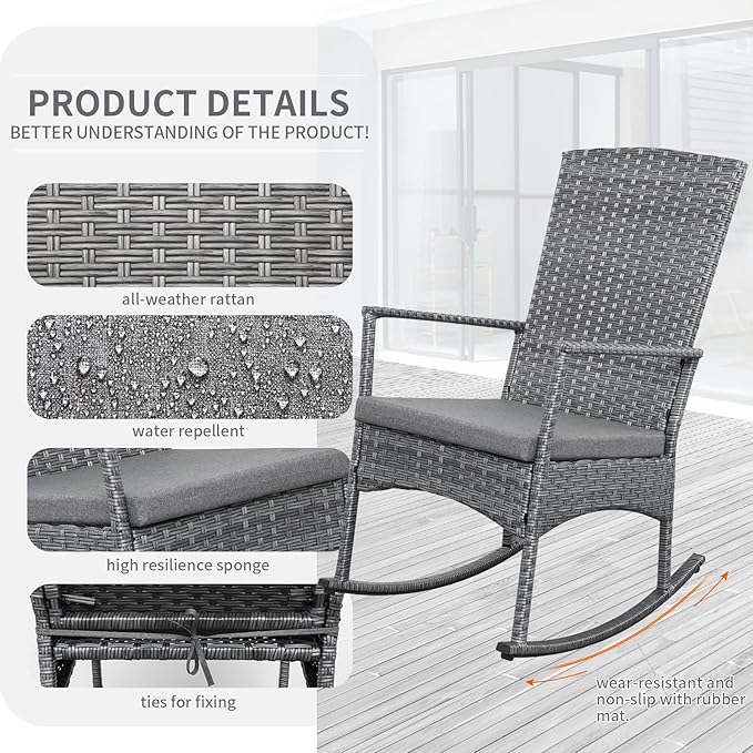 Outdoor Rocking Chair 3 Pieces High-Backed Rocking Chair Patio Rocking Chairs Outdoor Table and Chairs Anti-Slip Cushions Dark Grey - Image 4