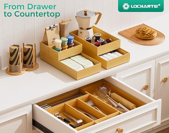 Bamboo Kitchen Drawer Organizer Boxes – 15" x 6" Stackable Wood Silverware - Image 8