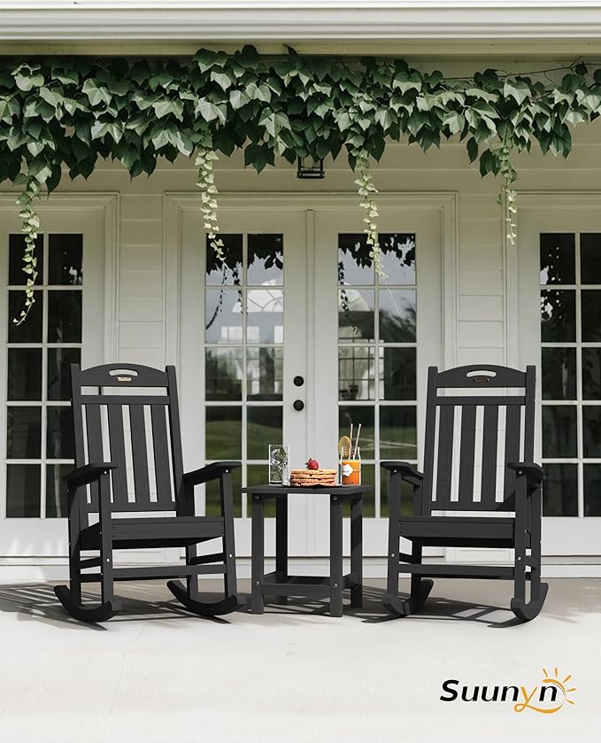 Oversized Outdoor Rocking Chair, High Back Porch Rocker Chair, HDPE All Weather Resistant Rocking Chairs for Patio, 380lbs Weight Capacity, Black - Image 2