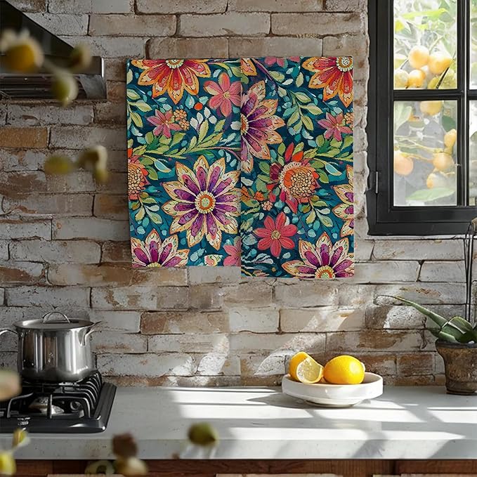 Boho Flowers Bathroom Hand Towel Set of 2, Vintage Colorful Floral Fingertip - Image 5