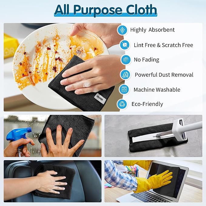 FIXSMITH Black Microfiber Cleaning Cloth -Pack of 8, Highly Absorbent Cleaning - Image 4