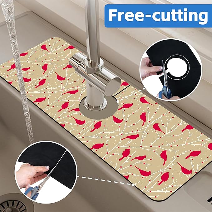 Christmas Cardinal Birds Kitchen Sink Splash Guard Mat Absorbent Fast Drying - Image 7