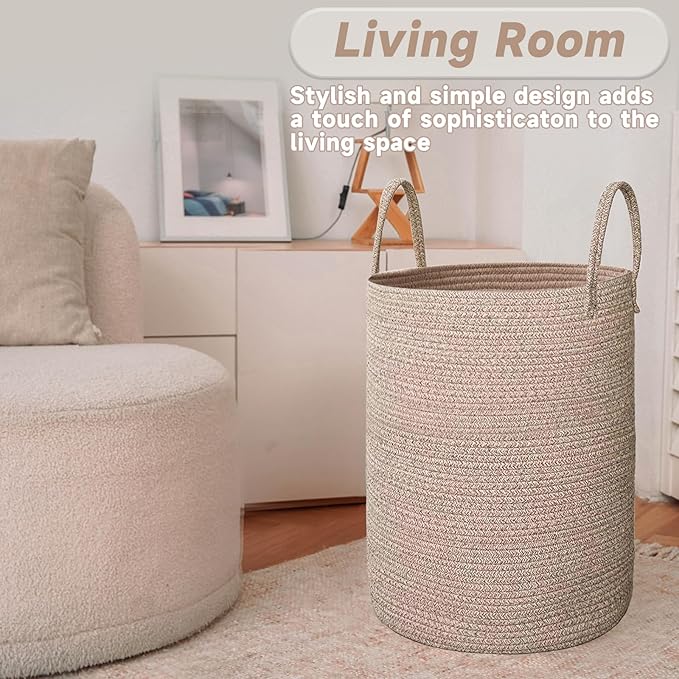 Large Woven Laundry Basket Hamper, 100L Cotton Rope Storage Bin - Image 3