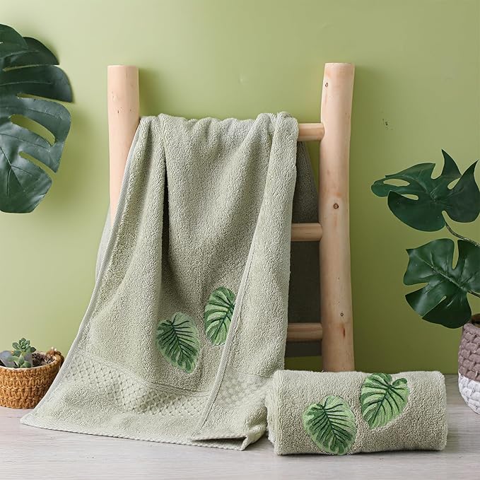 2 Pcs Tropical Palm Leaves Hand Towels Gray Green Bathroom Decor 14x29 Inch - Image 4