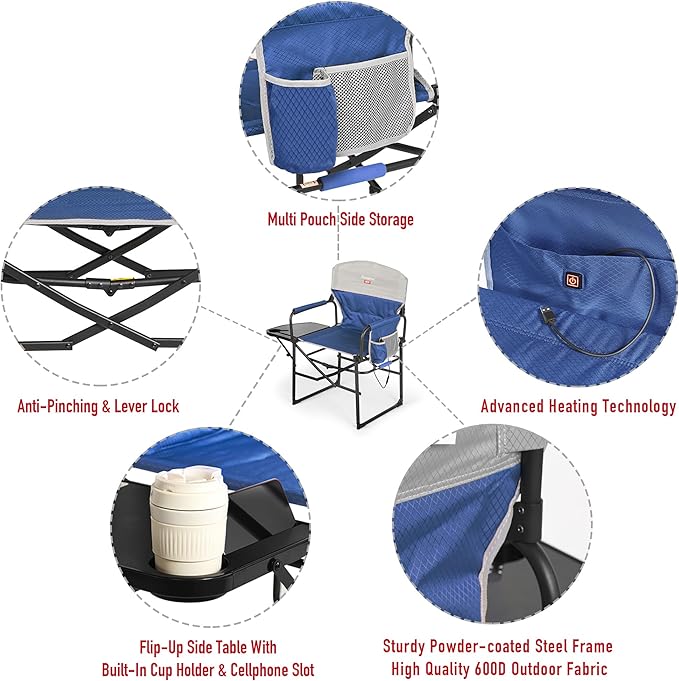 SUNNYFEEL Heated Camping Directors Chair, Heavy Duty,Oversized Portable Folding Chair with Side Table, Pocket for Beach, Fishing,Trip,Picnic,Lawn,Concert Outdoor Foldable Camp Chairs - Image 6