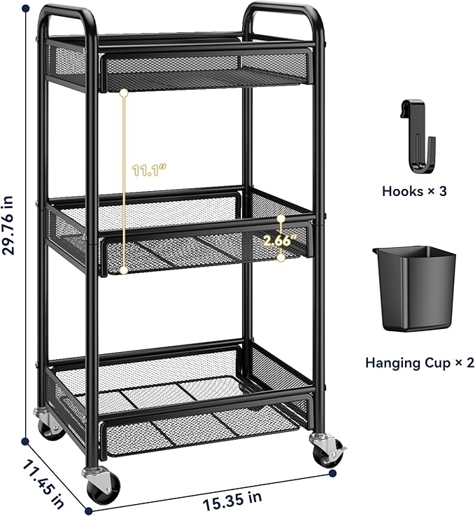 YASONIC 3 Tier Rolling Cart – Metal Utility Storage Carts - Image 6