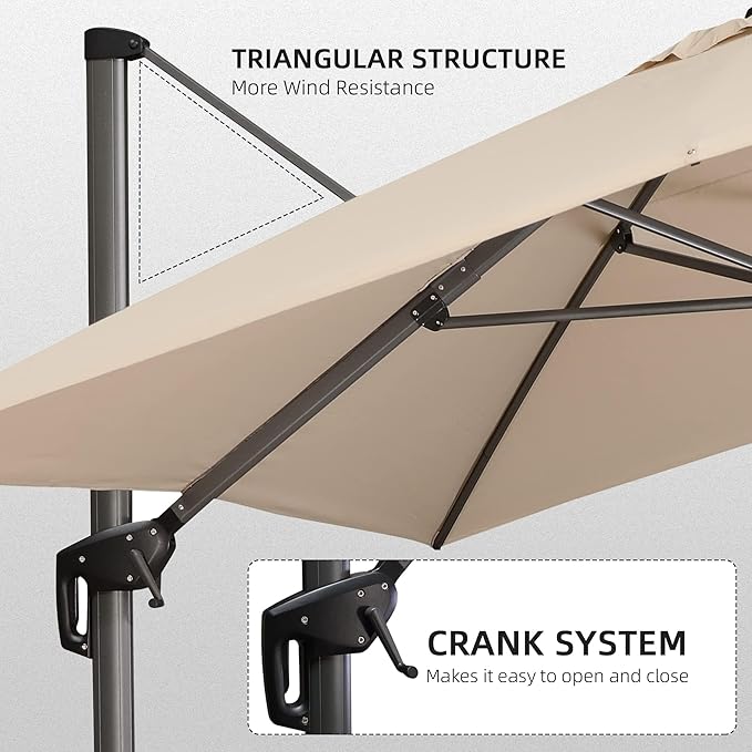 PURPLE LEAF 10' X 13' Patio Umbrella with Base Outdoor Cantilever Rectangle Umbrella Aluminum Offset Umbrella with 360-degree Rotation for Garden Deck Pool Patio Beige - Image 8