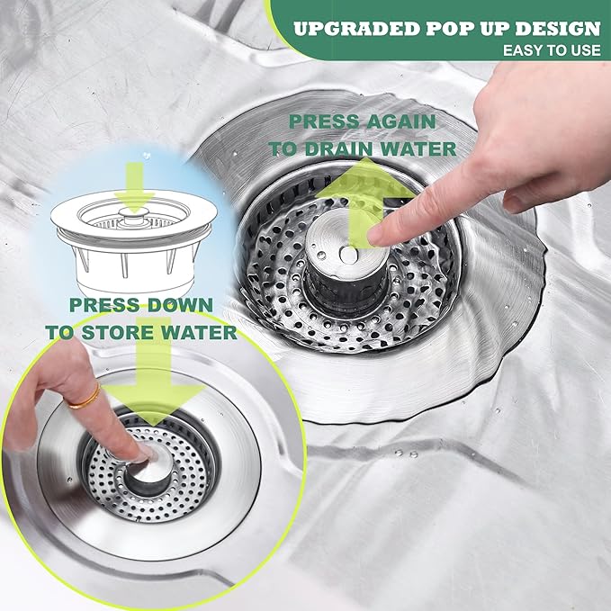 Kitchen Sink Drain Strainer 3 in 1, 304 Stainless Steel Pop Up Sink Stopper - Image 2