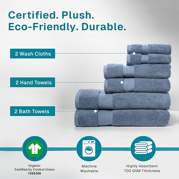100% Organic Cotton Bath Towel Set | Bathroom Luxury Towel Set of 6 | GOTS - Image 3