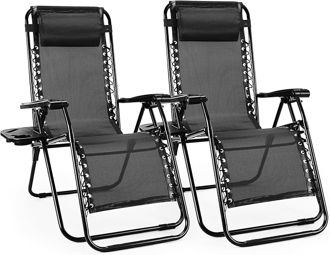 Sweetcrispy Zero Gravity Chairs, Set of 2 Portable Recliner Beach Camping Patio Outdoor Folding Lounge Chair with Cup Holder Trays and Adjustable Pillow for Poolside, Garden, Backyard, Lawn (Black) by Sweetcrispy