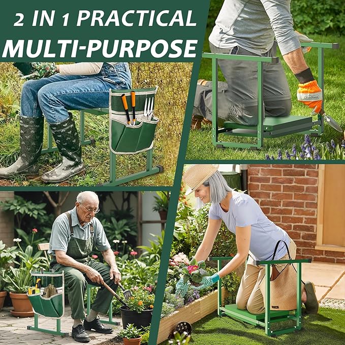 FLINTER Garden Kneelers Seat, Stable and Save Tip-Resistant Design 10.2" Wider Garden Kneeler and Seat with Handle, Heavy Duty Gardening Stool for Seniors, Gardening Weeding Bench for Parents - Green - Image 6