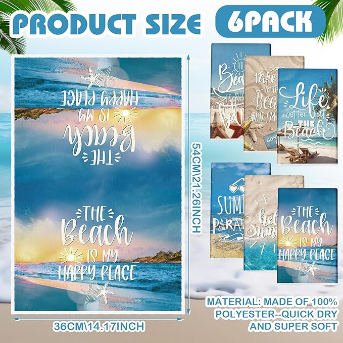 Breling Set of 6 Summer Beach Kitchen Towels Vintage Themed Dish Towel Bathroom - Image 2