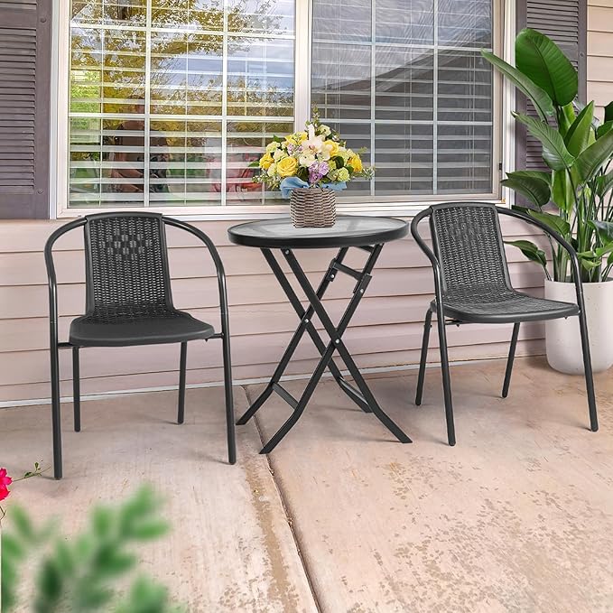 VINGLI PE Rattan Outdoor Dining Chairs Set of 4, Plastic Stackable Patio Chairs for Indoor, Porch, Restaurant, Garden, Black - Image 7