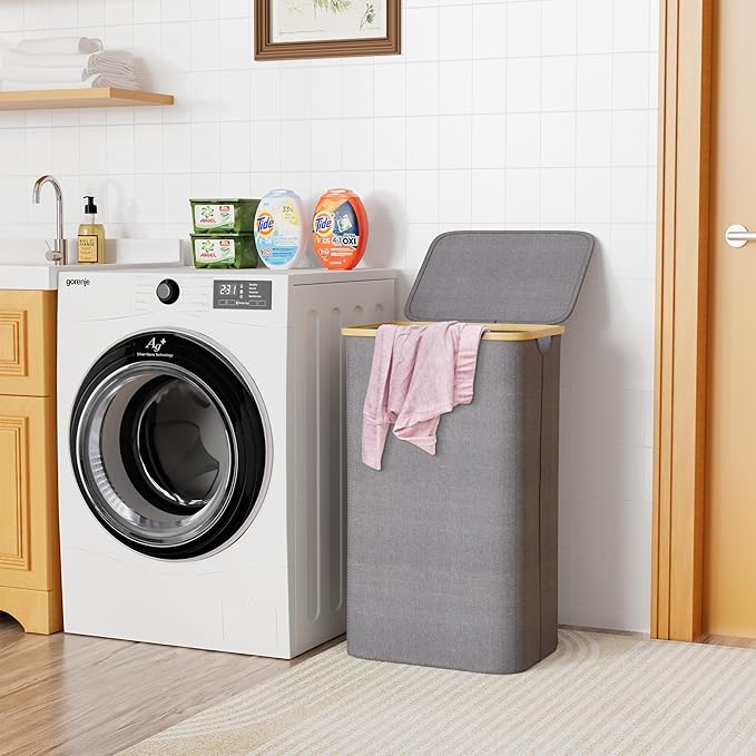 SUOCO Laundry Hamper with Lid, 29 Gal Clothes Basket with Bamboo Handles - Image 2