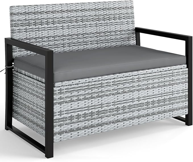 Tangkula 40 Gallon Outdoor Bench with Storage, Patio Wicker Storage Bench with Cushion, Cover, Metal Frame, Deck Box Seat for Backyard, Poolside, Balcony, Garden by TANGKULA