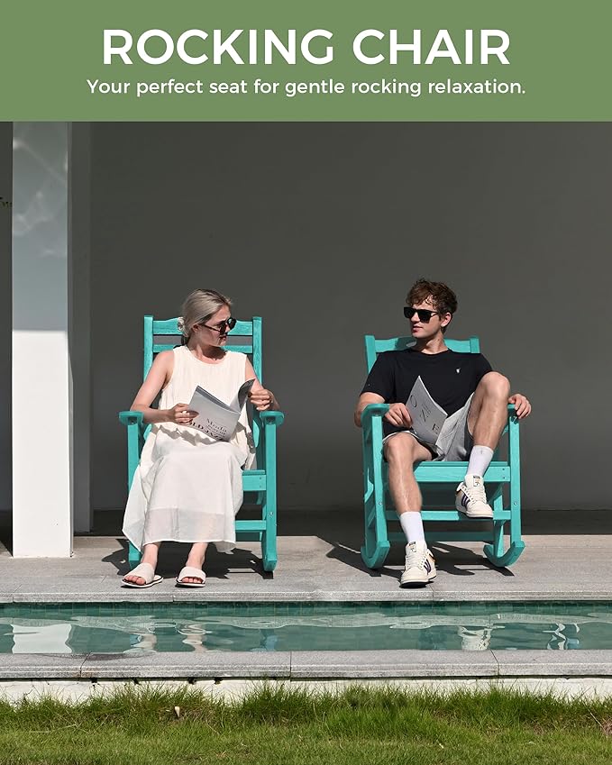 Oversized Outdoor Rocking Chair, High Back Porch Rocker Chair, HDPE All Weather Resistant Rocking Chairs for Patio, 380lbs Weight Capacity, Lake Blue - Image 7