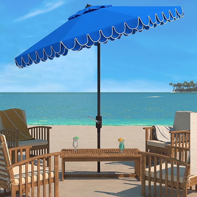 SAFAVIEH 9ft Outdoor Patio Umbrella, Round, Valance, Pacific Blue & White Trim, Auto Crank Tilt, UV Resistant for Deck, Backyard, Poolside (PAT8006P) - Image 2