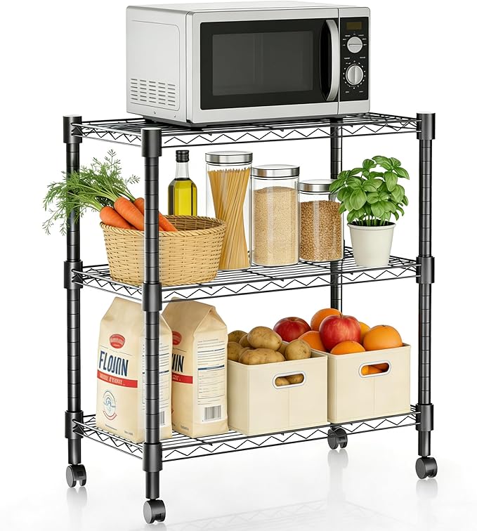 Xcity Storage Shelves, 3 Tier Heavy Duty Metal Shelving Unit with Wheels, 1050 LBS Capacity Adjustable Steel Wire Shelf Organizer for Pantry, Kitchen, Garage, 14" D x 24" W x 30" H, Black - Image 8