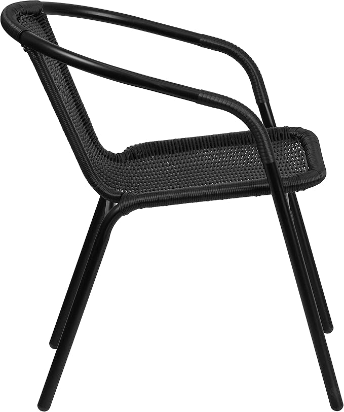 EMMA + OLIVER Set of 4 Modern Rattan Indoor/Outdoor Stack Chairs, Stacking Rattan Patio Chairs with Curved Back and Cross Bracing, Black - Image 9