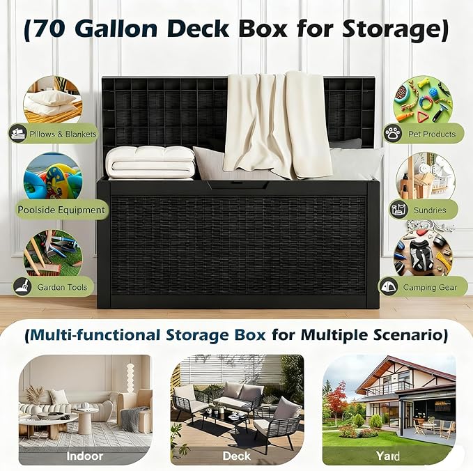 Outdoor Storage Box, Resin Deck Boxes Indoor and outdoor, Waterproof Storage Box Lockable Lid (Black, 70 Gallon) - Image 2